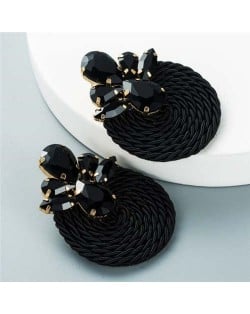 Shining Rhinestone Decorated Round Weaving Design Winter Fashion Women Wholesale Stud Earrings - Black