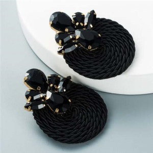 Shining Rhinestone Decorated Round Weaving Design Winter Fashion Women Wholesale Stud Earrings - Black