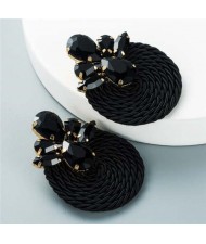 Shining Rhinestone Decorated Round Weaving Design Winter Fashion Women Wholesale Stud Earrings - Black