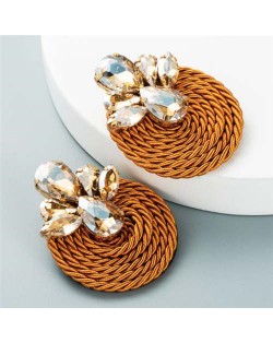 Shining Rhinestone Decorated Round Weaving Design Winter Fashion Women Wholesale Stud Earrings - Coffee