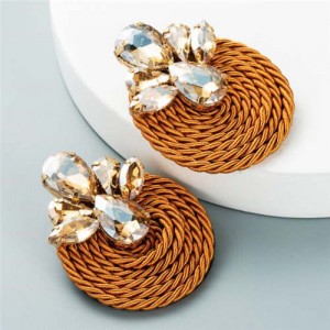 Shining Rhinestone Decorated Round Weaving Design Winter Fashion Women Wholesale Stud Earrings - Coffee