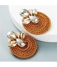 Shining Rhinestone Decorated Round Weaving Design Winter Fashion Women Wholesale Stud Earrings - Coffee