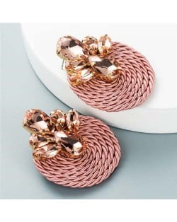 Shining Rhinestone Decorated Round Weaving Design Winter Fashion Women Wholesale Stud Earrings - Pink
