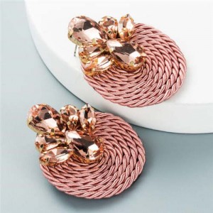 Shining Rhinestone Decorated Round Weaving Design Winter Fashion Women Wholesale Stud Earrings - Pink