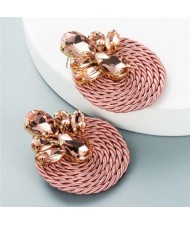 Shining Rhinestone Decorated Round Weaving Design Winter Fashion Women Wholesale Stud Earrings - Pink