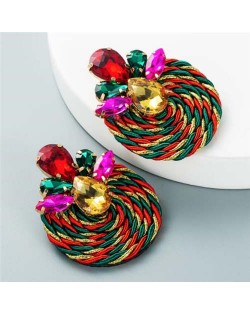 Shining Rhinestone Decorated Round Weaving Design Winter Fashion Women Wholesale Stud Earrings - Multicolor