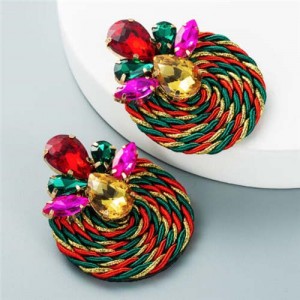 Shining Rhinestone Decorated Round Weaving Design Winter Fashion Women Wholesale Stud Earrings - Multicolor