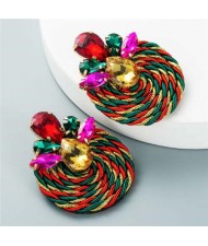 Shining Rhinestone Decorated Round Weaving Design Winter Fashion Women Wholesale Stud Earrings - Multicolor