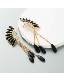 Rhinestone Wings with Teardrops Design Women Wholesale Stud Earrings - Black