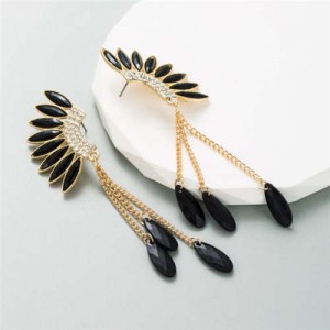 Rhinestone Wings with Teardrops Design Women Wholesale Stud Earrings - Black