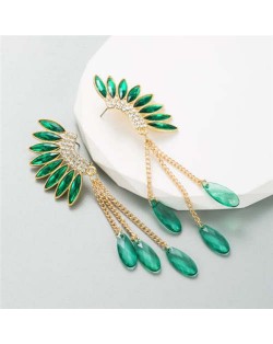 Rhinestone Wings with Teardrops Design Women Wholesale Stud Earrings - Green