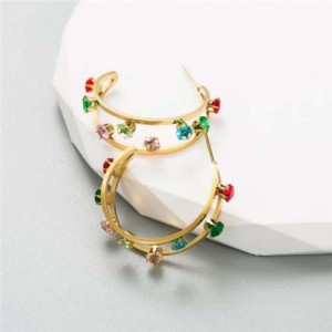 Colorful Rhinestone Decorated Dual Layers Hollow Design Women Wholesale Stud Earrings