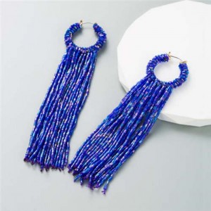 Creative Hoop Design Long Tassel Women Shoulder Duster Wholesale Earrings - Blue