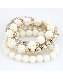 Flowers and Ball Beads Mixed Style Bracelet - White