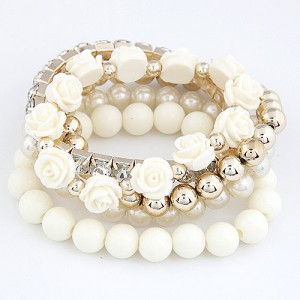 Flowers and Ball Beads Mixed Style Bracelet - White