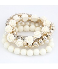 Flowers and Ball Beads Mixed Style Bracelet - White
