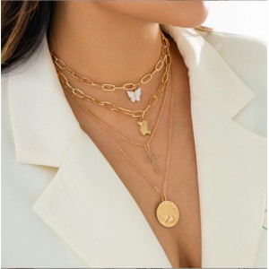 Vintage Butterfly and Cross Pendants Multilayers Alloy Fashion Wholesale Necklace