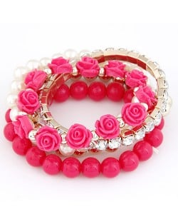 Flowers and Ball Beads Mixed Style Bracelet - Rose