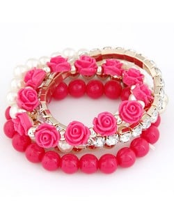 Flowers and Ball Beads Mixed Style Bracelet - Rose