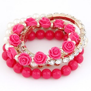 Flowers and Ball Beads Mixed Style Bracelet - Rose