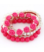 Flowers and Ball Beads Mixed Style Bracelet - Rose