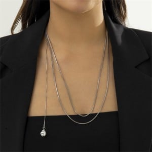 Unique Design Tow-layers Snake Chain Pearl Pendant Fashion Wholesale Necklace