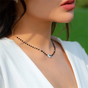 Simple Black Beads Chain Blue Color Eye Pendant Punk Fashion Wholesale Necklace