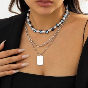 Pearl and Blue Color Eye Chain Silver Pendant Fashion Wholesale Necklace