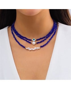 Pearl and Blue Color Eye Chain Silver Pendant Fashion Wholesale Necklace