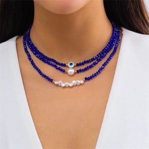 Blue Beads Chain Classic  Blue Color Eye and Pearl Pendants Three-layers Necklace