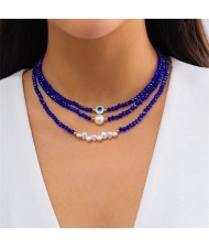 Blue Beads Chain Classic  Blue Color Eye and Pearl Pendants Three-layers Necklace