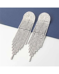 Super Shining Rhinestone Long Tassel Party Fashion Shoulder Duster Earrings - Silver