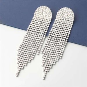 Super Shining Rhinestone Long Tassel Party Fashion Shoulder Duster Earrings - Silver