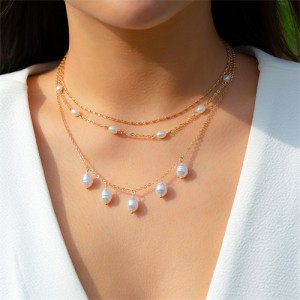 Romantic Mini Pearl and Alloy Chain Combo Franch Style Wholesale Fashion Necklace