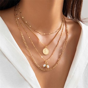 Business and Sweet Cool Style Coin Pendant Multi-layers Pearl Wholesale Necklace