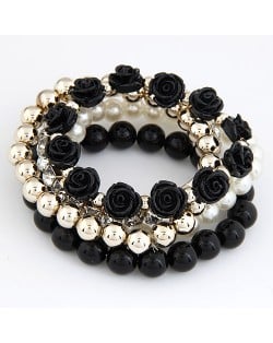 Flowers and Ball Beads Mixed Style Bracelet - Black