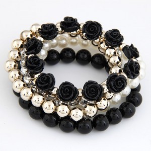 Flowers and Ball Beads Mixed Style Bracelet - Black