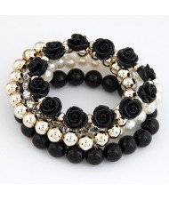 Flowers and Ball Beads Mixed Style Bracelet - Black