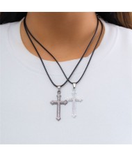 Punk Style Two Cross Pendants Wholesale Fashion Rope Necklace