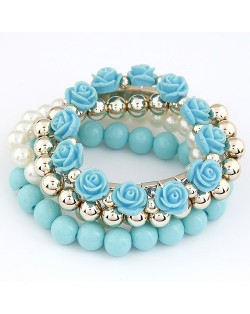 Flowers and Ball Beads Mixed Style Bracelet - Blue