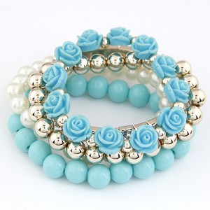 Flowers and Ball Beads Mixed Style Bracelet - Blue