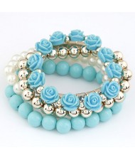 Flowers and Ball Beads Mixed Style Bracelet - Blue