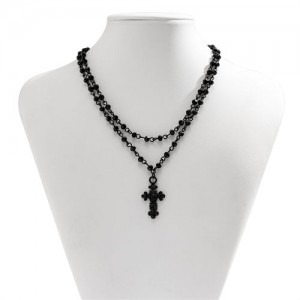 Punk Style Black Beads Chain Cross Pendant Two-layers Wholesale Fashion Necklace