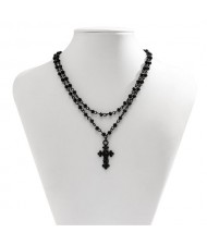 Punk Style Black Beads Chain Cross Pendant Two-layers Wholesale Fashion Necklace