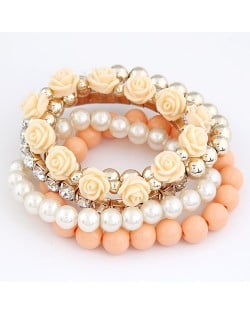 Flowers and Ball Beads Mixed Style Bracelet - Beige