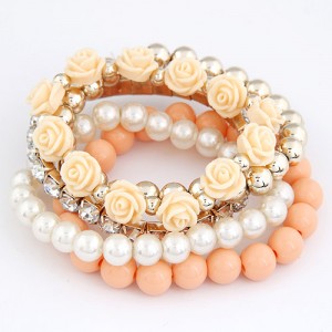 Flowers and Ball Beads Mixed Style Bracelet - Beige