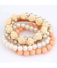 Flowers and Ball Beads Mixed Style Bracelet - Beige