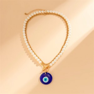 Elegant Pearl Chain Blue Round Eye Pendant Two-layers Wholesale Fashion Necklace