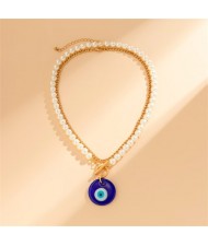 Elegant Pearl Chain Blue Round Eye Pendant Two-layers Wholesale Fashion Necklace