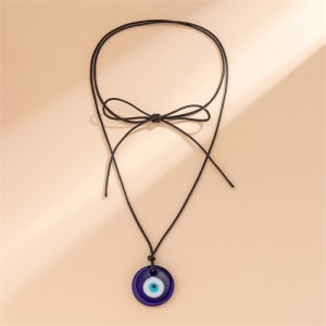 Classic Blue Color Eye Pendant Bowknot Wholesale Black Rope Necklace - Round